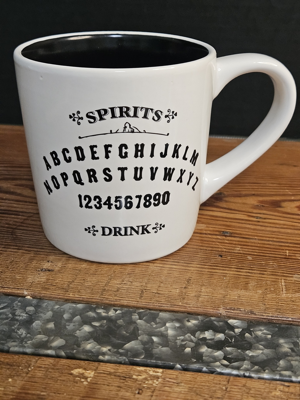 Magenta White Mug with Black Interior and Alphabet Spirits Design